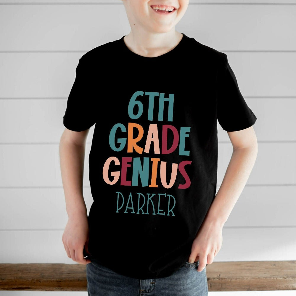 Customize this sixth grade, back to school shirt gift idea for your genius. For first day of school, school field trips, 100 days of school, graduation or a new grade. Perfect name tee outfit for everyday use in or out of classroom. 6th grade t-shirt.