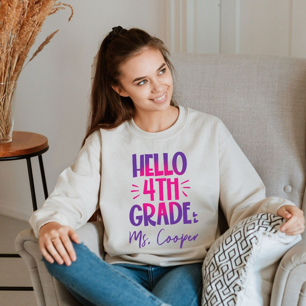 Hello 4th Grade! Customize this retro vibrant new grade sweatshirt as a thank you gift idea for teacher, trainer, instructor and homeschool mama. Create a custom look and show appreciation to your favorite grade teacher with this unique shirt. Perfect for elementary team spirit, back to school, last day of school, summer or spring break. Great outfit for everyday use both in and out of the classroom.