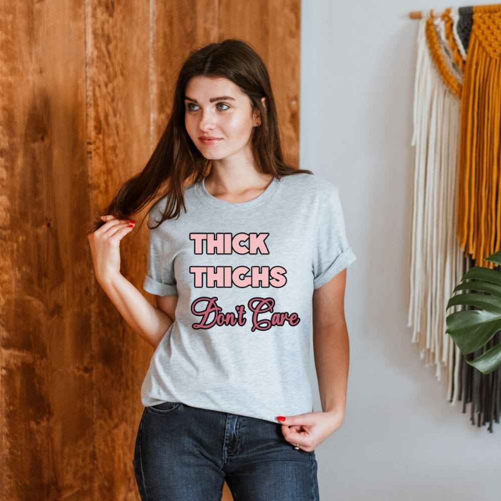 This thick thighs graphic shirt is perfect gift idea for ladies. It has been made to give positivity, boost confidence and self-love as a woman. A perfect uplifting tee for mom, a girl friend and every women.