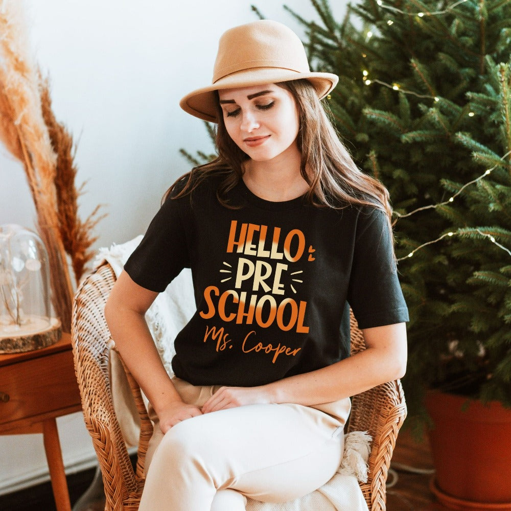 Hello Preschool! Customize this retro vibrant new grade shirt as a thank you gift idea for teacher, trainer, instructor and homeschool mama. Create a custom look and show appreciation to your favorite grade teacher with this unique shirt. Perfect for elementary team spirit, back to school, last day of school, summer or spring break. Great outfit for everyday use both in and out of the classroom.