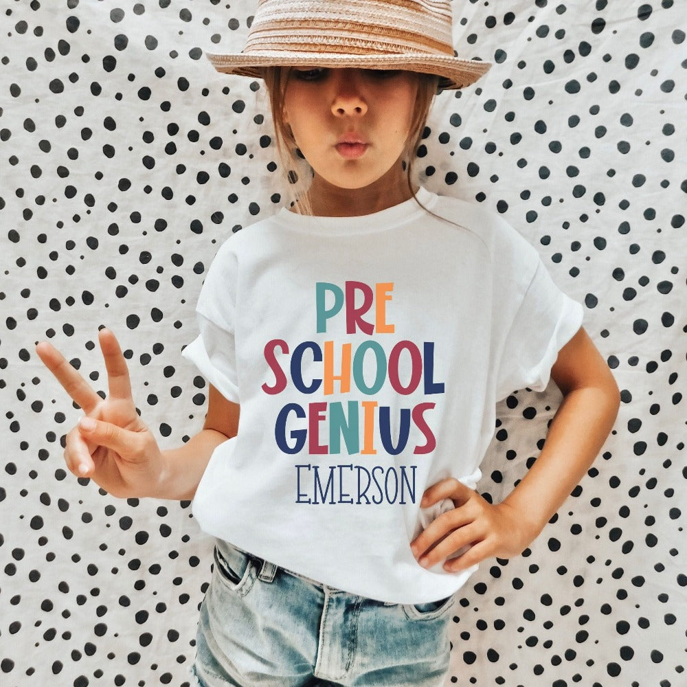Customize this preschool, back to school shirt gift idea for your genius. For first day of school, school field trips, 100 days of school, graduation or a new grade. Perfect name tee outfit for everyday use in or out of classroom. pre school t-shirt.