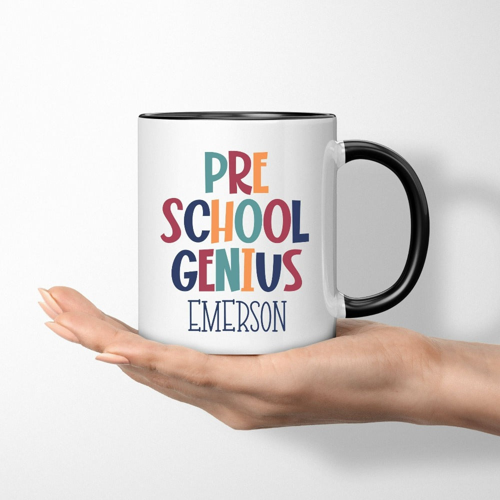 Customize this preschool, back to school drinking mug gift idea for your genius. For first day of school, school field trips, 100 days of school, graduation or a new grade. Perfect name cup for everyday use in or out of classroom. pre school souvenir.