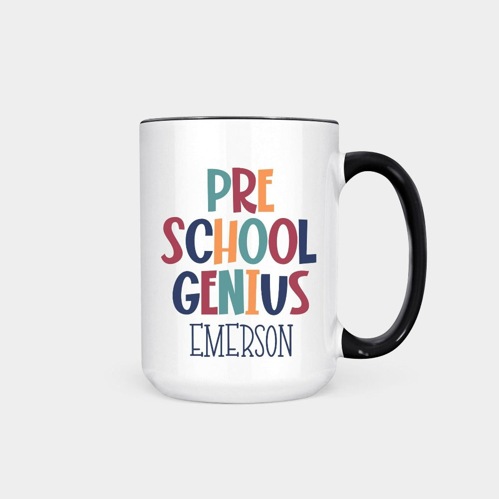 Customize this preschool, back to school drinking mug gift idea for your genius. For first day of school, school field trips, 100 days of school, graduation or a new grade. Perfect name cup for everyday use in or out of classroom. pre school souvenir.