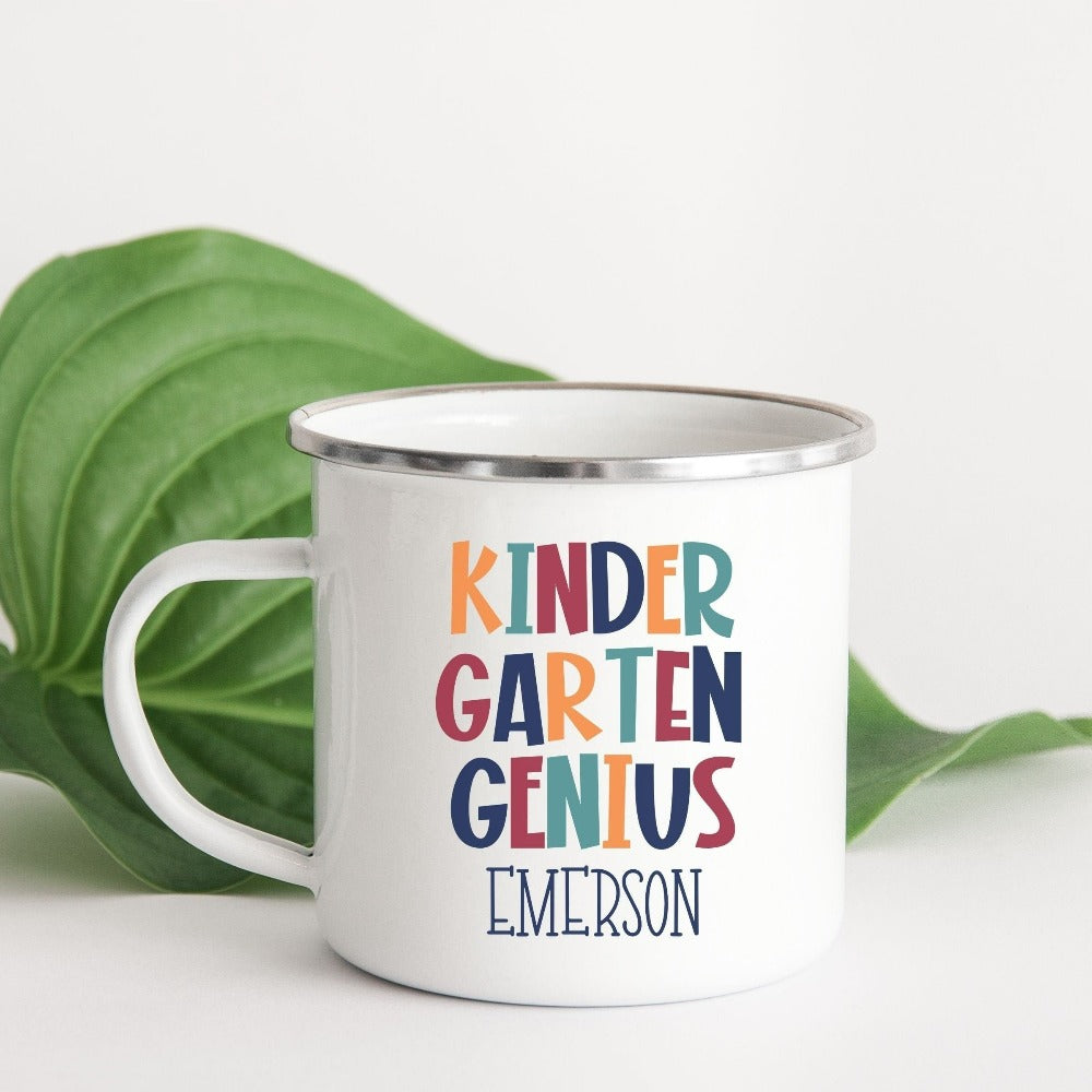 Customize this kindergarten, back to school drinking mug gift idea for your genius. For first day of school, school field trips, 100 days of school, graduation or a new grade. Perfect name cup for everyday use in or out of classroom. Kinder Garten souvenir.