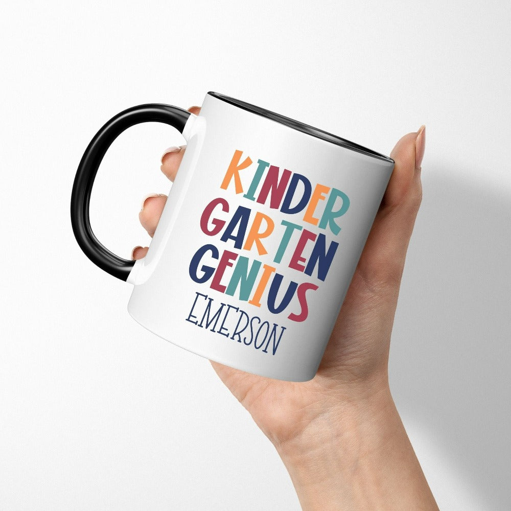 Customize this kindergarten, back to school drinking mug gift idea for your genius. For first day of school, school field trips, 100 days of school, graduation or a new grade. Perfect name cup for everyday use in or out of classroom. Kinder Garten souvenir.