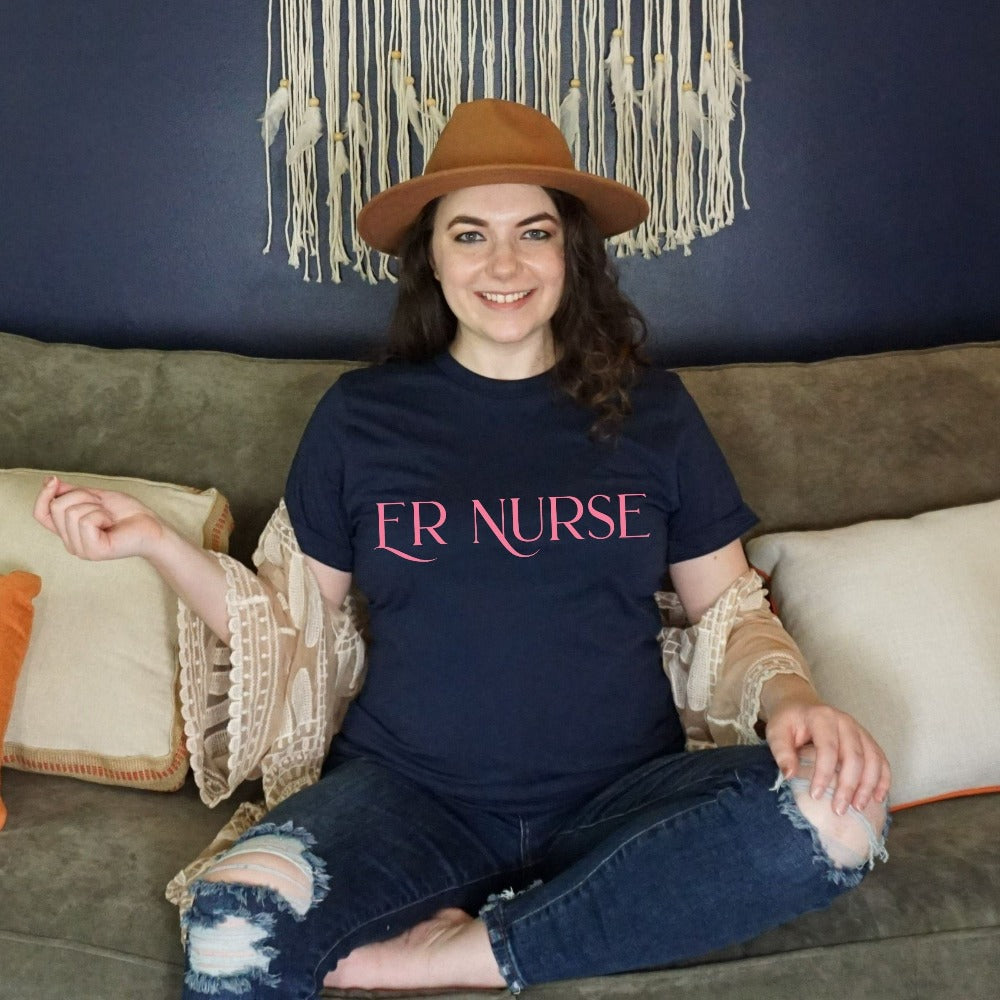 Emergency Nurse shirt. This minimalist gift idea works for Nursing Graduate, New Nurse, Emergency Department Unit, ER Crew. Perfect appreciation thank you gift for hospital ward favorite nurse team and co-workers. Great staff work tee for both night and day shifts.