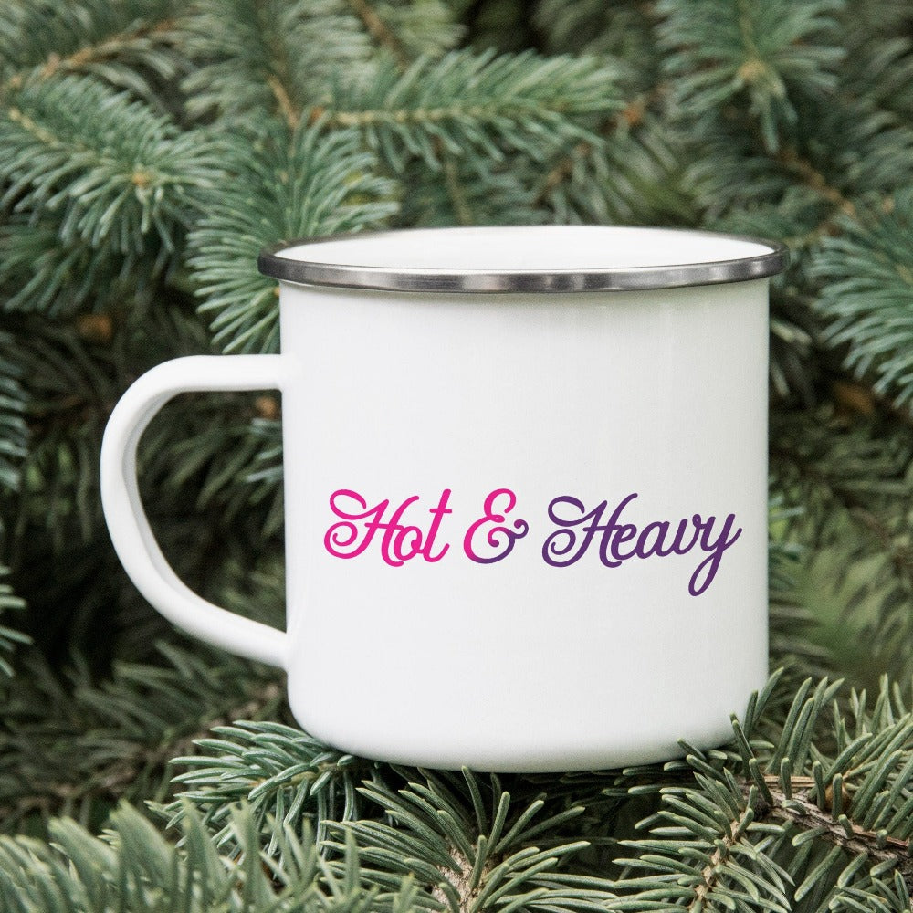 Hot and Heavy funny romantic beverage cup. Great Valentines, anniversary or birthday gift idea for ladies, wife, spouse, fiancée, bride, newlywed or best friend. Grab this super adorable girlfriend BFF coffee mug for your loved one or lover bae.