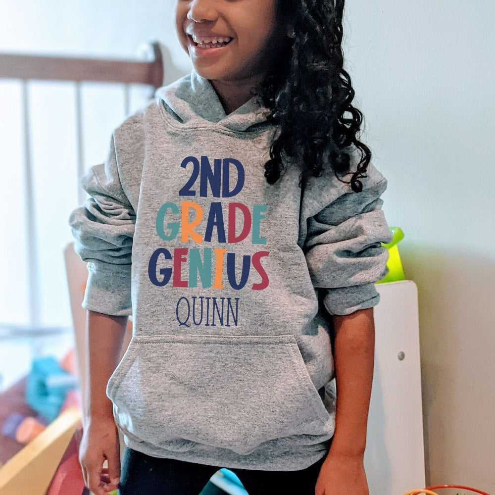 Customize this second grade, back to school sweatshirt gift idea for your genius. For first day of school, school field trips, 100 days of school, graduation or a new grade. Perfect name shirt outfit for everyday use in or out of classroom. 2nd grade hoodie.