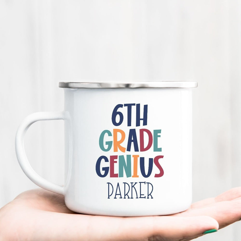 Customize this sixth grade, back to school drinking mug gift idea for your genius. For first day of school, school field trips, 100 days of school, graduation or a new grade. Perfect name cup for everyday use in or out of classroom. 6th grade souvenir.