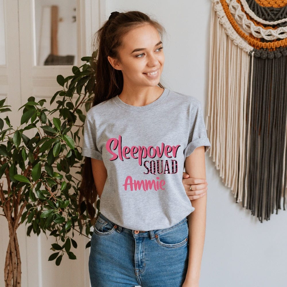 Cute personalized sleepover shirt for besties. Perfect for daughter, niece or friend's birthday, bridal shower, bachelorette wedding party or as girls slumber lounge pajamas set. Great teen or ladies favors gift idea when customized