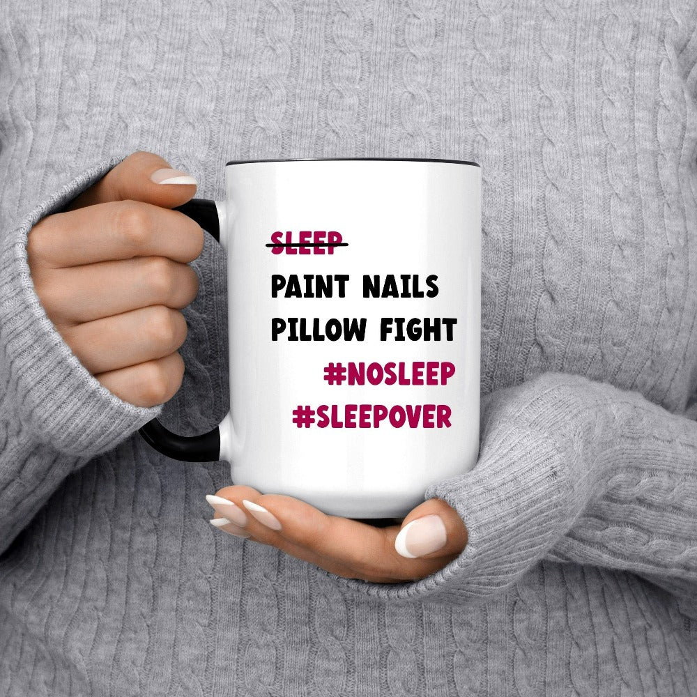 Cute personalized sleepover mug souvenir for besties. Perfect for daughter, niece or friend's birthday, bridal shower, bachelorette wedding party or as girls slumber lounge pajamas set. Great teen or ladies favors gift idea when customized with name.