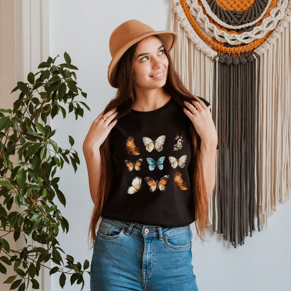 This watercolor butterfly graphic shirt reminds us of beautiful wild fields filled with flowers. Makes a great gift idea for zoologist, biology teacher, nature lover, outdoorsy hiker, gardener or anyone that loves a cottage core, vintage boho, casual look. Perfect papillon present for daughter, mom, friend, sister for birthday, Christmas holiday, Thanksgiving or Mother's Day. 