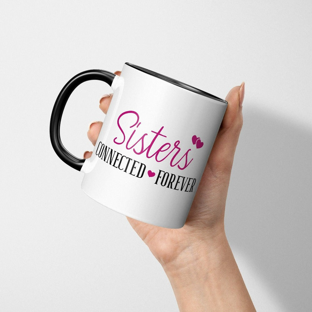 Adorable connected sisters' matching coffee mug gift idea. Whether she is a long distance away or close by, celebrate your sister by birth, sorority, chance or circumstance with this lovely matching beverage mug for your loved one or twin. Cute souvenir for cruise vacations, family camping reunion, birthdays, Christmas holiday, Thanksgiving visit, girls road trip or hiking adventures. 