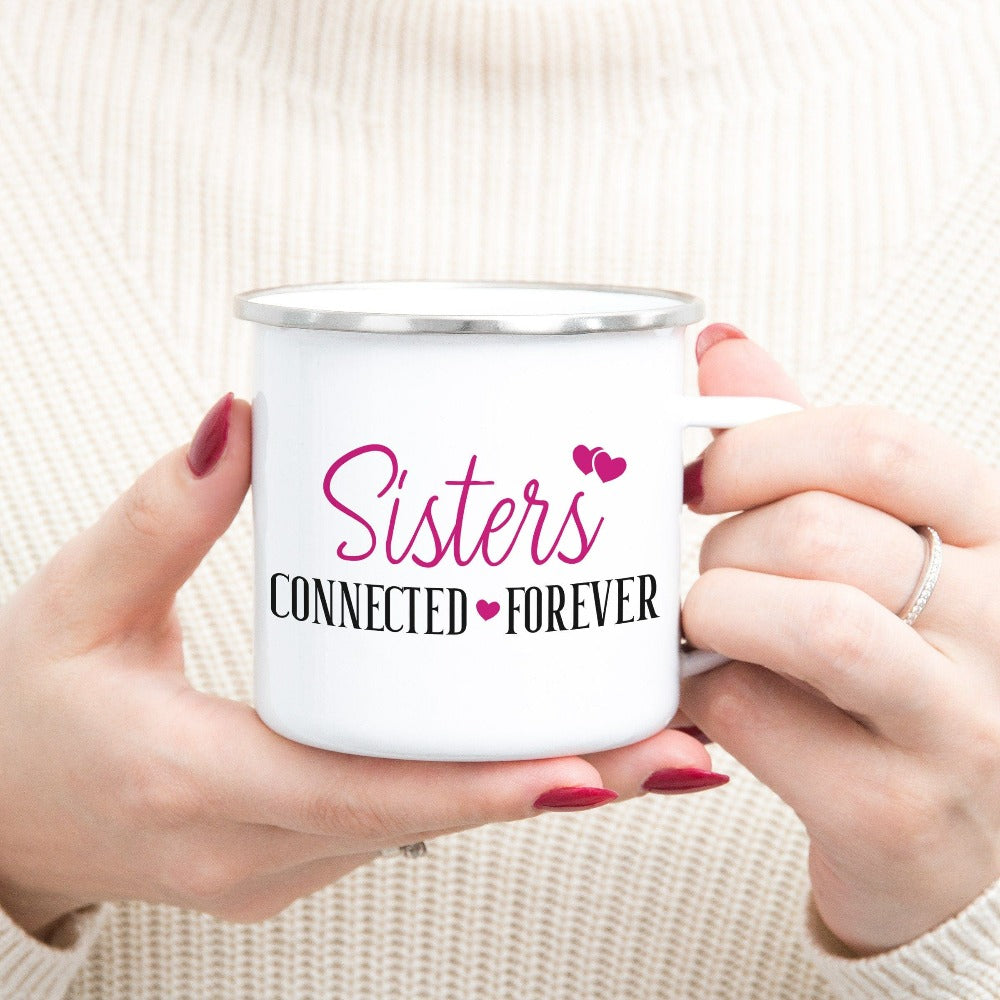 Adorable connected sisters' matching coffee mug gift idea. Whether she is a long distance away or close by, celebrate your sister by birth, sorority, chance or circumstance with this lovely matching beverage mug for your loved one or twin. Cute souvenir for cruise vacations, family camping reunion, birthdays, Christmas holiday, Thanksgiving visit, girls road trip or hiking adventures. 
