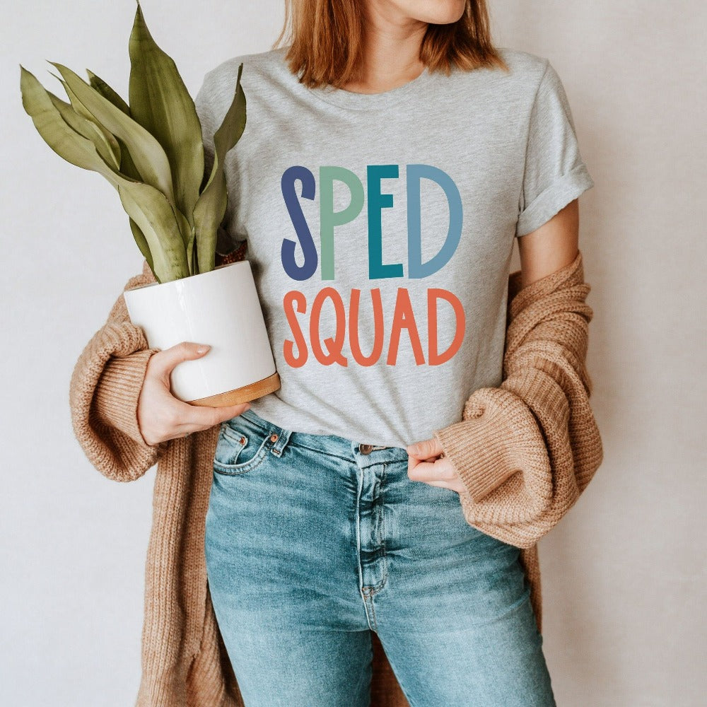 SPED squad special education teacher shirt for back to school. This is a great matching tee for new grade inclusive crew team. Also works as an appreciation xmas gift for your favorite Special Ed school counsellor.