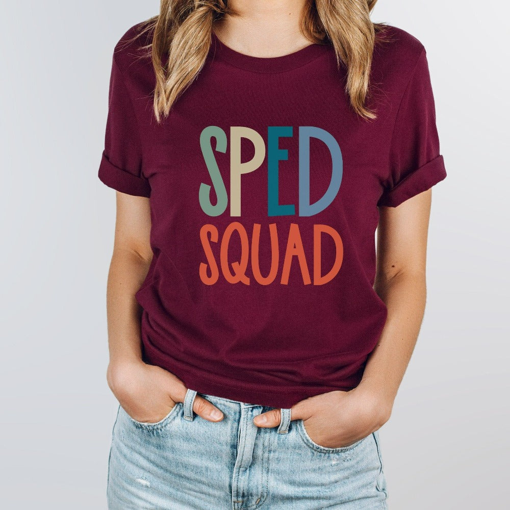 SPED squad special education teacher shirt for back to school. This is a great matching tee for new grade inclusive crew team. Also works as an appreciation xmas gift for your favorite Special Ed school counsellor.