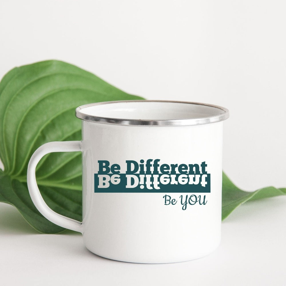 Positive motivational Be Different coffee mug. Perfect gift idea for friend, family or co-worker. Add inspiration with this minimalist birthday present. Also great for Christmas holidays and get together.