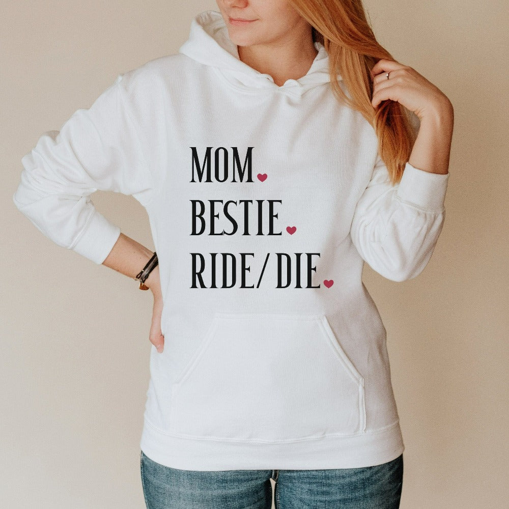 Mom Bestie sweatshirt Celebrate mama and family with this shirt perfect for Mother's Day. This is a great baby announcement gift idea or baby shower present for the new mom. Also makes for a nice appreciative holiday gift from daughter or son.