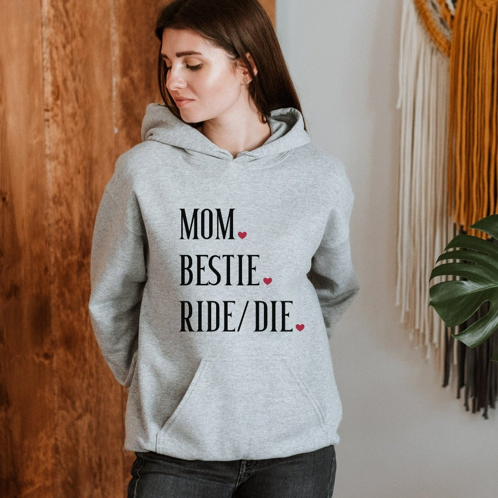 Mom Bestie sweatshirt Celebrate mama and family with this shirt perfect for Mother's Day. This is a great baby announcement gift idea or baby shower present for the new mom. Also makes for a nice appreciative holiday gift from daughter or son.