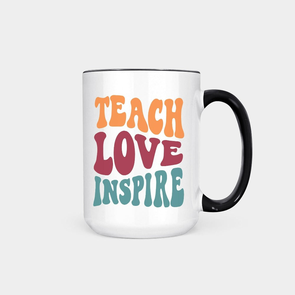Inspirational coffee mug gift idea for teacher, trainer, instructor and homeschool mama. Show appreciation to your favorite grade teacher with this vibrant retro beverage cup. Perfect for elementary, middle or high school, back to school, last day of school, summer or spiring break. Great for everyday use both in and out of the classroom.