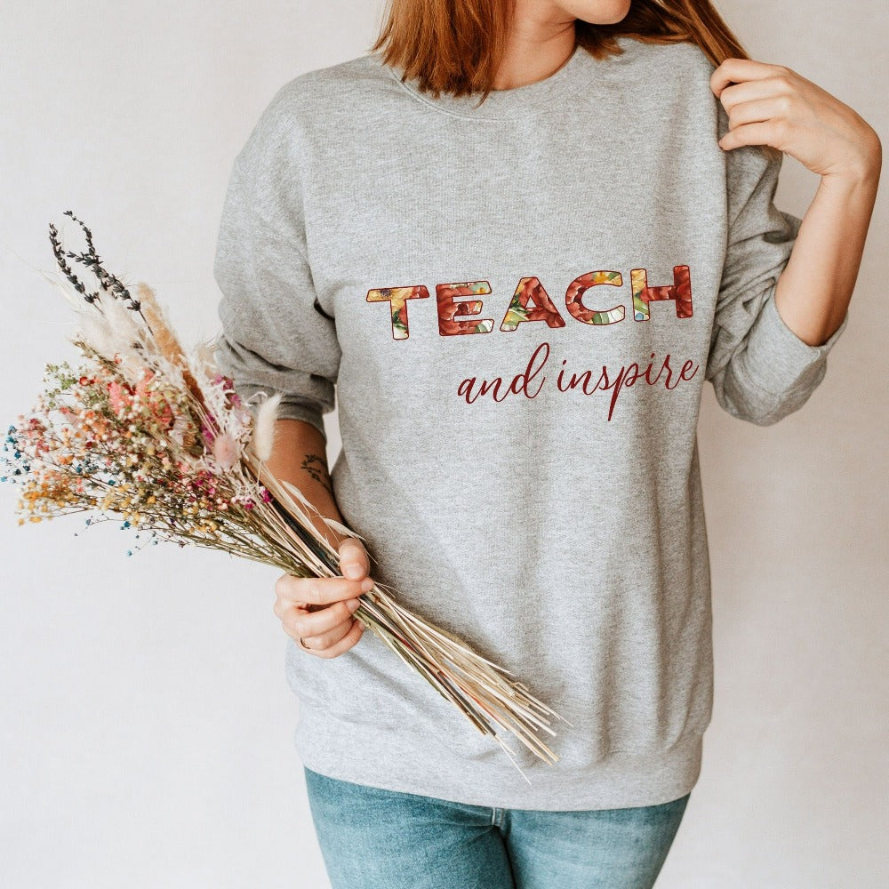 Floral sweatshirt gift idea for teacher, trainer, instructor and homeschool mama. Show appreciation to your favorite grade teacher with this vibrant trendy shirt. Perfect for elementary, middle or high school, back to school, last day of school, summer or spring break. Great for everyday use both in and out of the classroom.