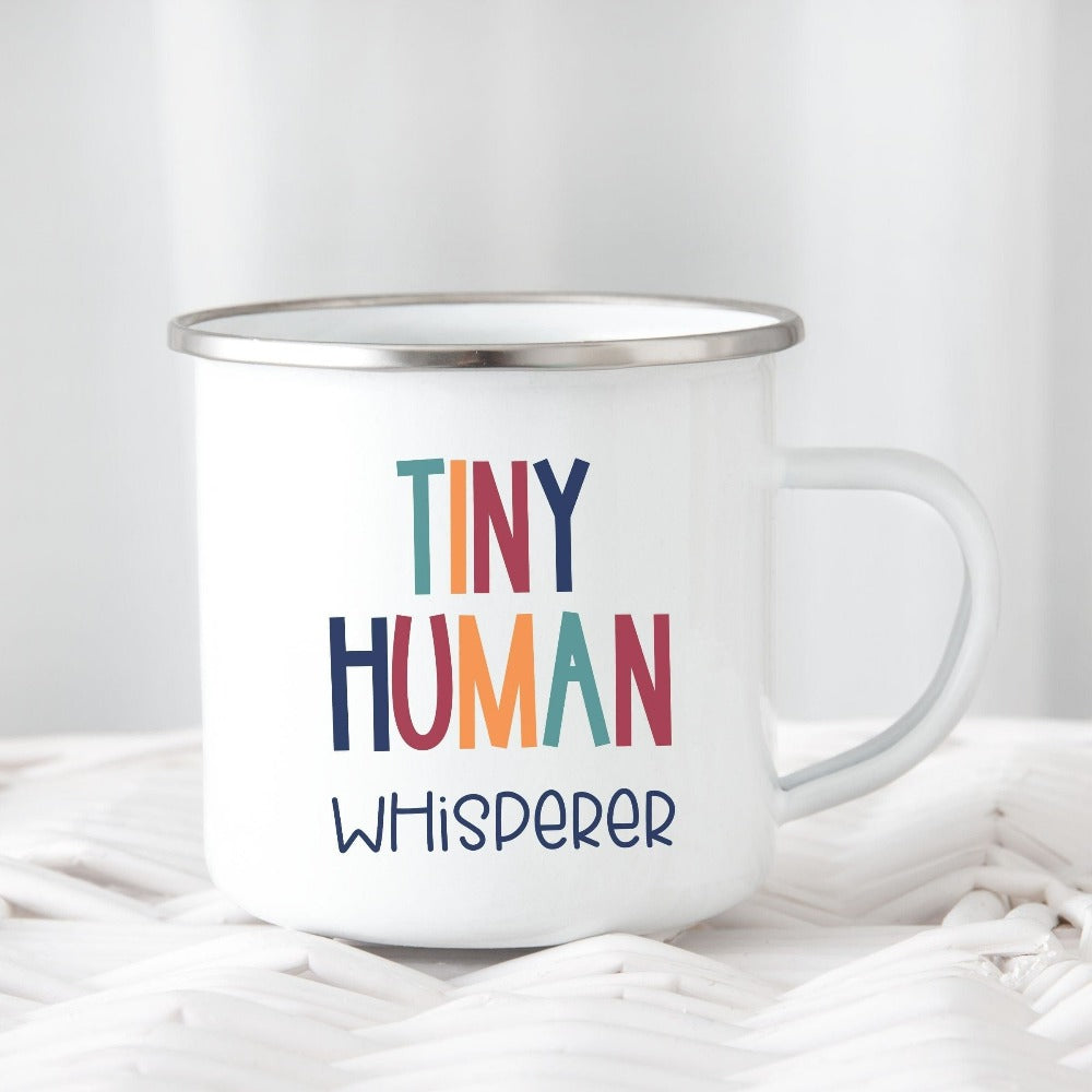 Tiny Humans Whisperer funny gift idea for teacher, trainer, instructor and homeschool mama. Show appreciation to your favorite grade teacher with this retro bold and colorful humorous coffee mug. Perfect for elementary, middle or high school, back to school, last day of school, summer or spiring break. Great for everyday use both in and out of the classroom.
