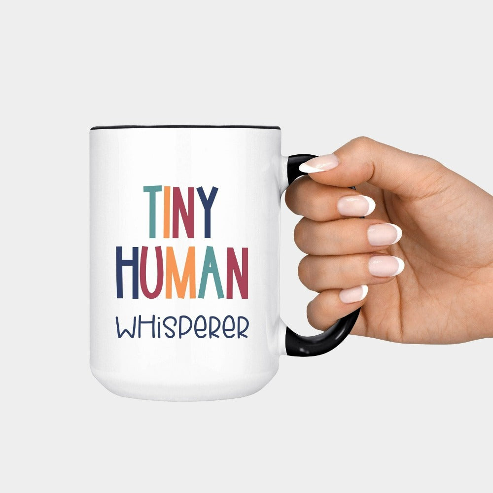 Tiny Humans Whisperer funny gift idea for teacher, trainer, instructor and homeschool mama. Show appreciation to your favorite grade teacher with this retro bold and colorful humorous coffee mug. Perfect for elementary, middle or high school, back to school, last day of school, summer or spiring break. Great for everyday use both in and out of the classroom.