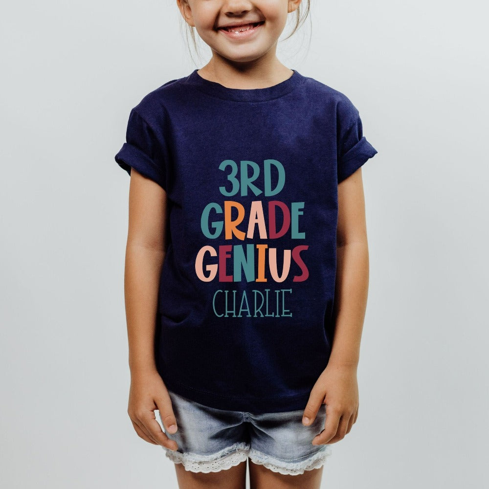 Customize this third grade, back to school shirt gift idea for your genius. For first day of school, school field trips, 100 days of school, graduation or a new grade. Perfect name tee outfit for everyday use in or out of classroom. 3rd grade t-shirt.