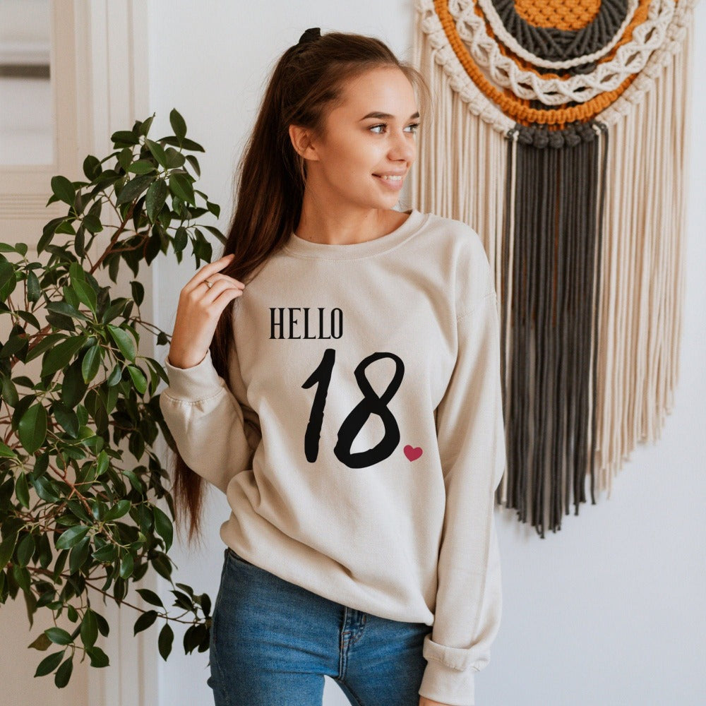 18th birthday babe gift. Whether you are planning a party for yourself or loved one, grab this adorable casual sweatshirt fit for a queen and get ready for your "Hello 18" new age celebrations. This is a memorable outfit present for daughter, girlfriend, sister, best friend, co-worker and any 18 year old celebrant.