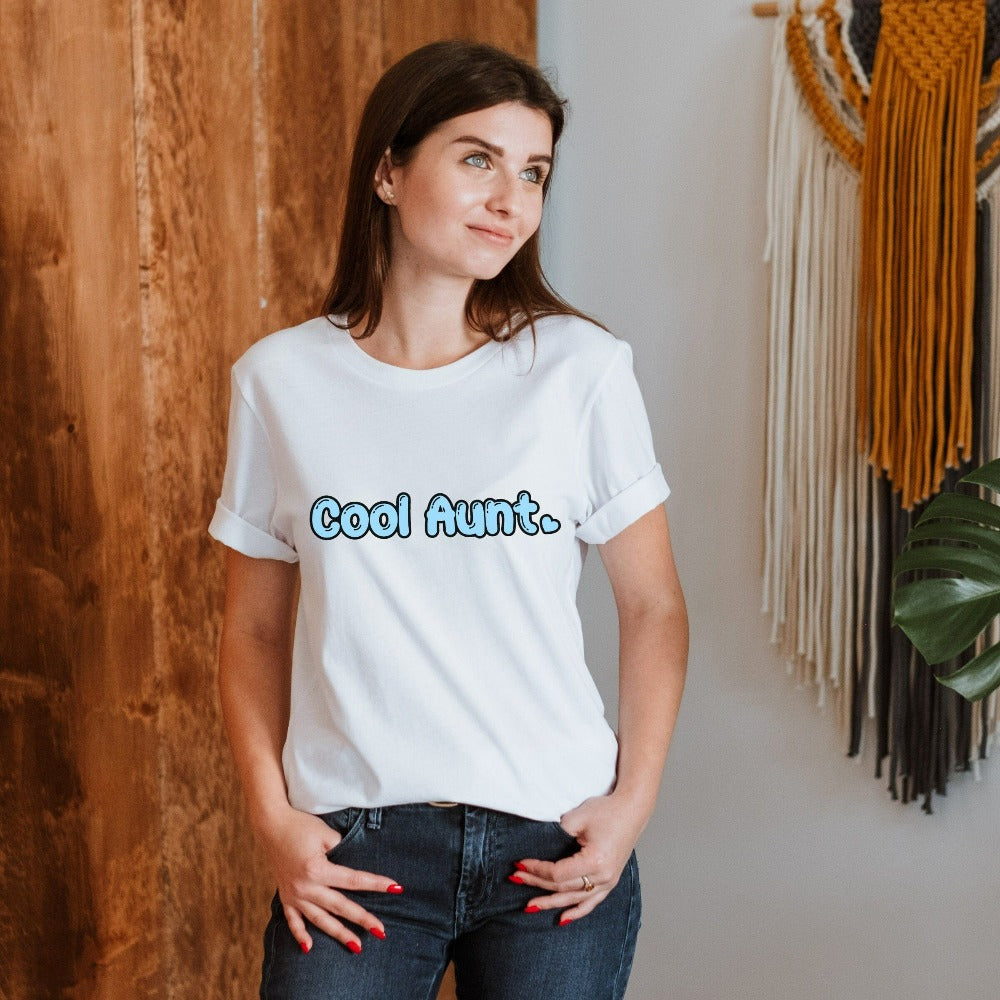 Show love and appreciation with this Cool Aunt shirt for the best auntie. Whether it's for a family reunion, weekend visit, birthday or Christmas holidays, this adorable top is a thoughtful gift idea for your aunt. Makes a great memorable present from niece or nephew on her special day. This cute uplifting casual tee outfit for aunty is a great idea for a pregnancy reveal or new baby announcement surprise to your sister, family, sibling or best friend as the newest favorite funtie tia!