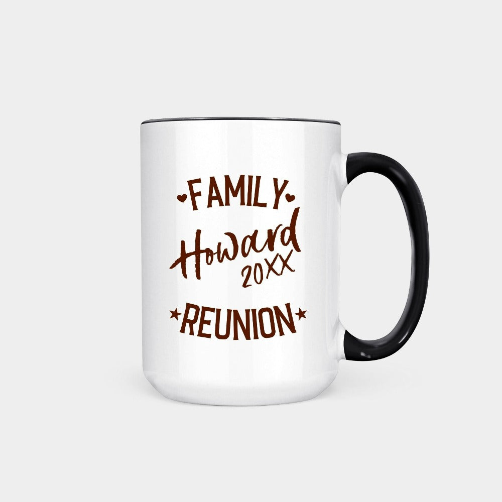 Custom matching family reunion name coffee mug. This classy design comes with personalization to stand out on your get together. Available with customized year or destination options. Summer break vacay mode approved homeowner gift idea!