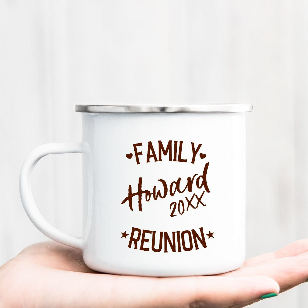 Custom matching family reunion name coffee mug. This classy design comes with personalization to stand out on your get together. Available with customized year or destination options. Summer break vacay mode approved homeowner gift idea!