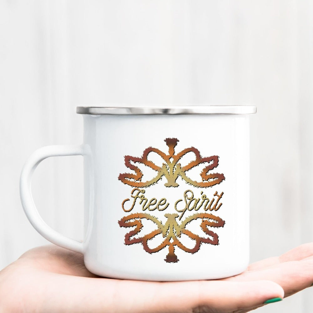 Free spirit graphic coffee mug. This boho abstract design beverage cup is perfect for everyday use both indoors and outdoors. With vintage bohemian vibes, this is a great birthday or Christmas holiday present for a loved wildflower you know. Great gift idea for nature lover, spirituality aware friend, yogi and outdoorsy friend.