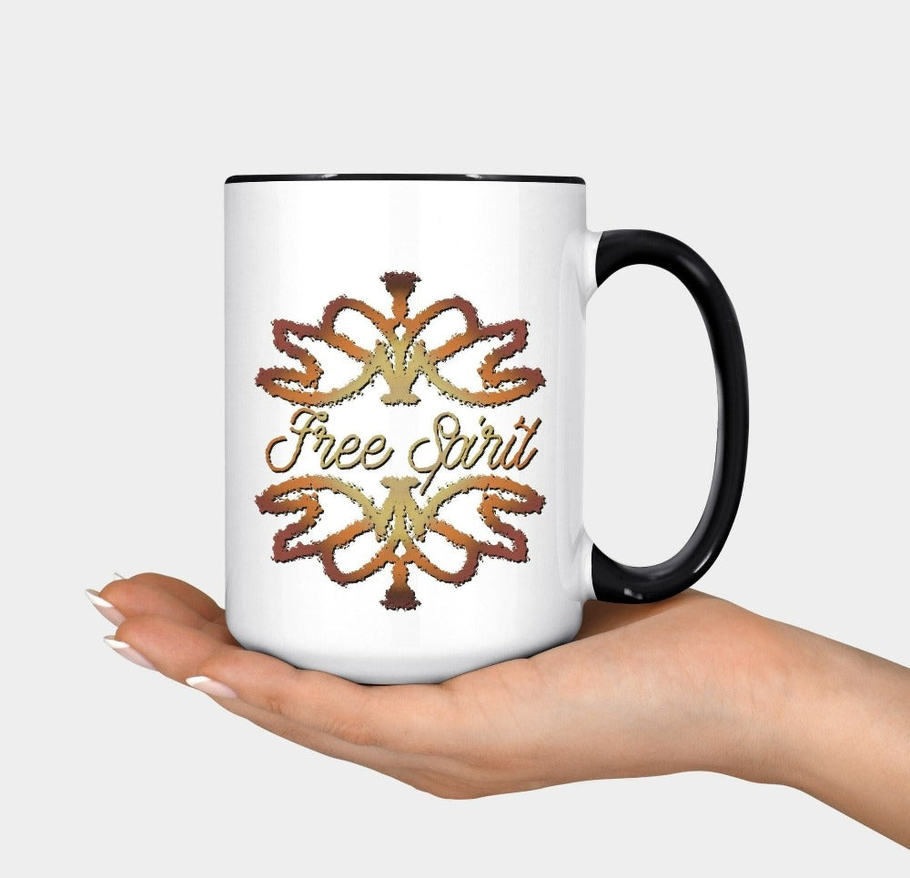 Free spirit graphic coffee mug. This boho abstract design beverage cup is perfect for everyday use both indoors and outdoors. With vintage bohemian vibes, this is a great birthday or Christmas holiday present for a loved wildflower you know. Great gift idea for nature lover, spirituality aware friend, yogi and outdoorsy friend.