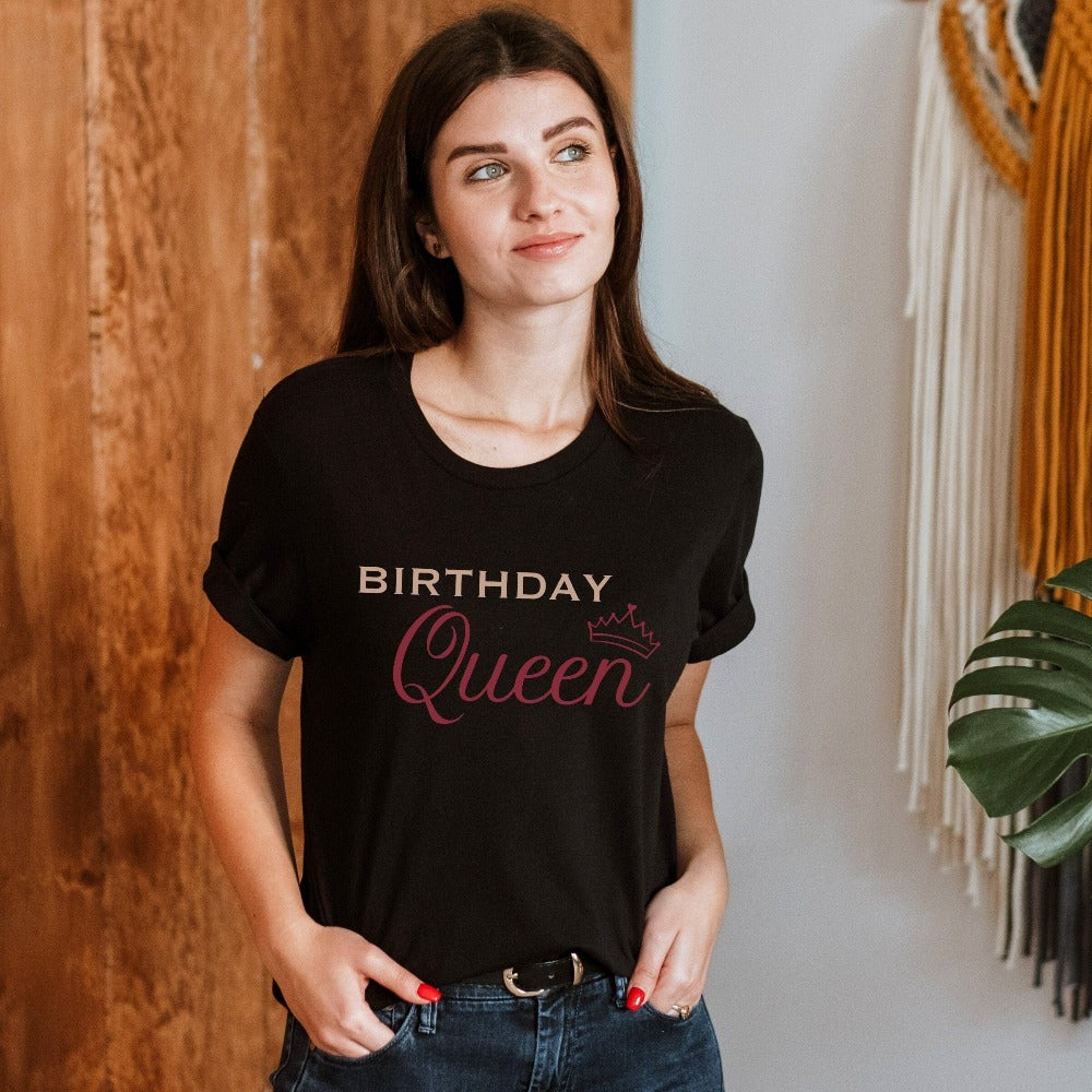 Birthday queen shirt for a queen. If you are looking to stand out on your special day, this casual tee outfit is adorable and has a great fit. Perfect for your dream destination travel vacation, birthday cruise, hanging out with your crew, babes or squad and celebrating you new age. This is a great thoughtful gift idea for daughter, sister, mom, best friend, sibling, or any other queen you want to celebrate.