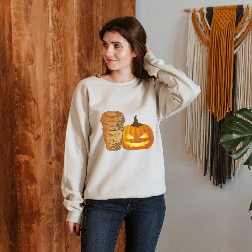 Halloween Jack-o-lantern pumpkin spice coffee Sweatshirt. Get ready for spooky season with this adorable cheerful shirt. Perfect autumn and pumpkin season outfit for fall months.