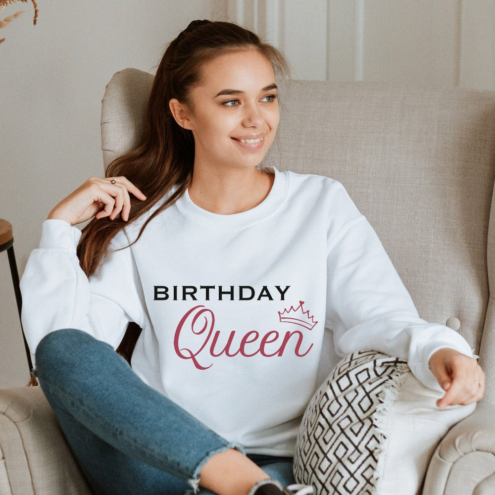 Birthday queen sweatshirt for a queen. If you are looking to stand out on your special day, this outfit is adorable and has a great fit. Perfect for your dream destination travel vacation, birthday cruise, hanging out with your crew, babes or squad and celebrating you new age. This is a great thoughtful gift idea for daughter, sister, mom, best friend, sibling, or any other queen you want to celebrate.