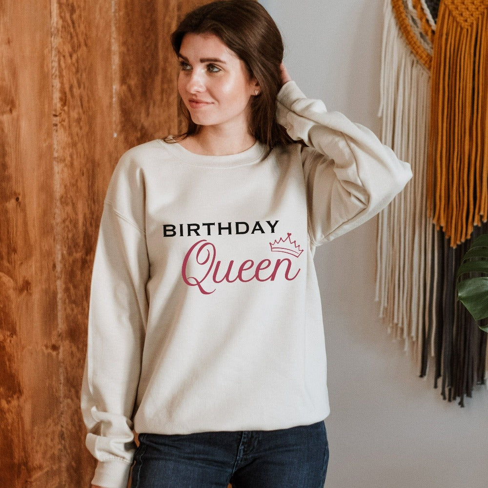 Birthday queen sweatshirt for a queen. If you are looking to stand out on your special day, this outfit is adorable and has a great fit. Perfect for your dream destination travel vacation, birthday cruise, hanging out with your crew, babes or squad and celebrating you new age. This is a great thoughtful gift idea for daughter, sister, mom, best friend, sibling, or any other queen you want to celebrate.