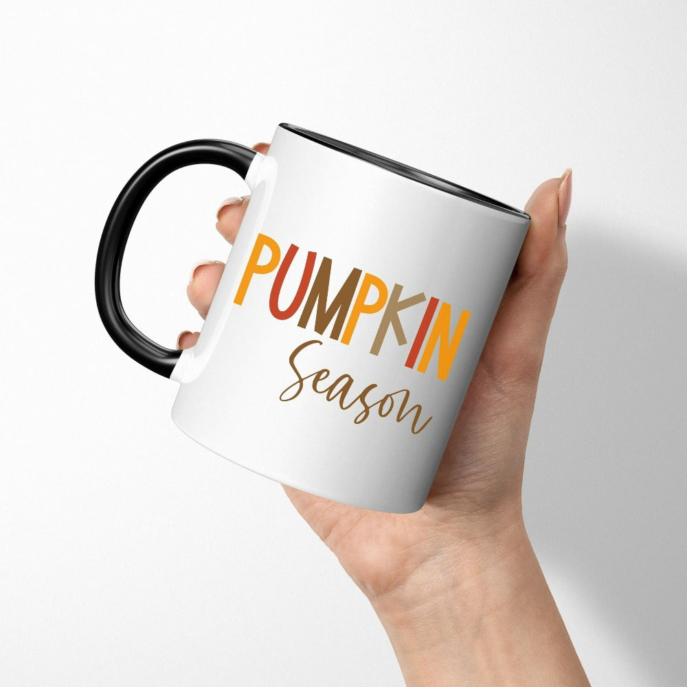 Pumpkin Spice Season Fall coffee mug. Ready for pumpkin harvests, bonfires, adorable gifts, hayrides, family thanksgiving reunions, vibrant autumn colors, Halloween and all things cozy? Grab this super adorable gift idea perfect for the holiday season's activities.