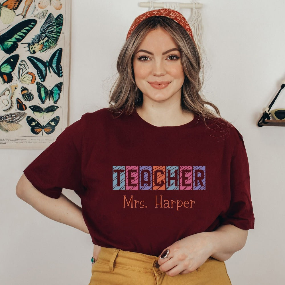 Custom name shirt gift idea for teacher, trainer, instructor and homeschool mama. Show appreciation to your favorite grade teacher with this vibrant trendy t-shirt. Perfect for elementary, middle or high school, back to school, last day of school, summer or spring break. Great for everyday use both in and out of the classroom.