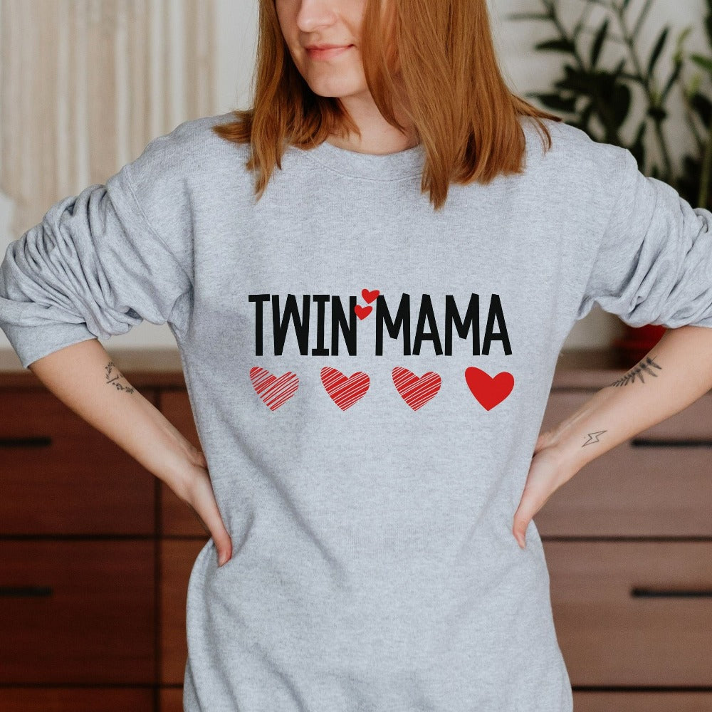 Twin Mama Sweatshirt for Her, Birthday Gift for Mom of Twins, Preggie Friend Baby Shower Top, Valentines Heart Shirt for Wife Spouse