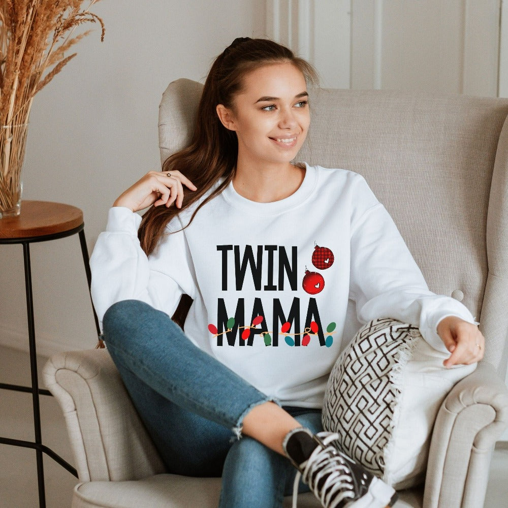 Twin Mom Christmas Sweatshirt, Holiday Pregnancy Announcement Outfit idea, Gift for New Mom of Twins, Cute Holiday Baby Shower Shirt