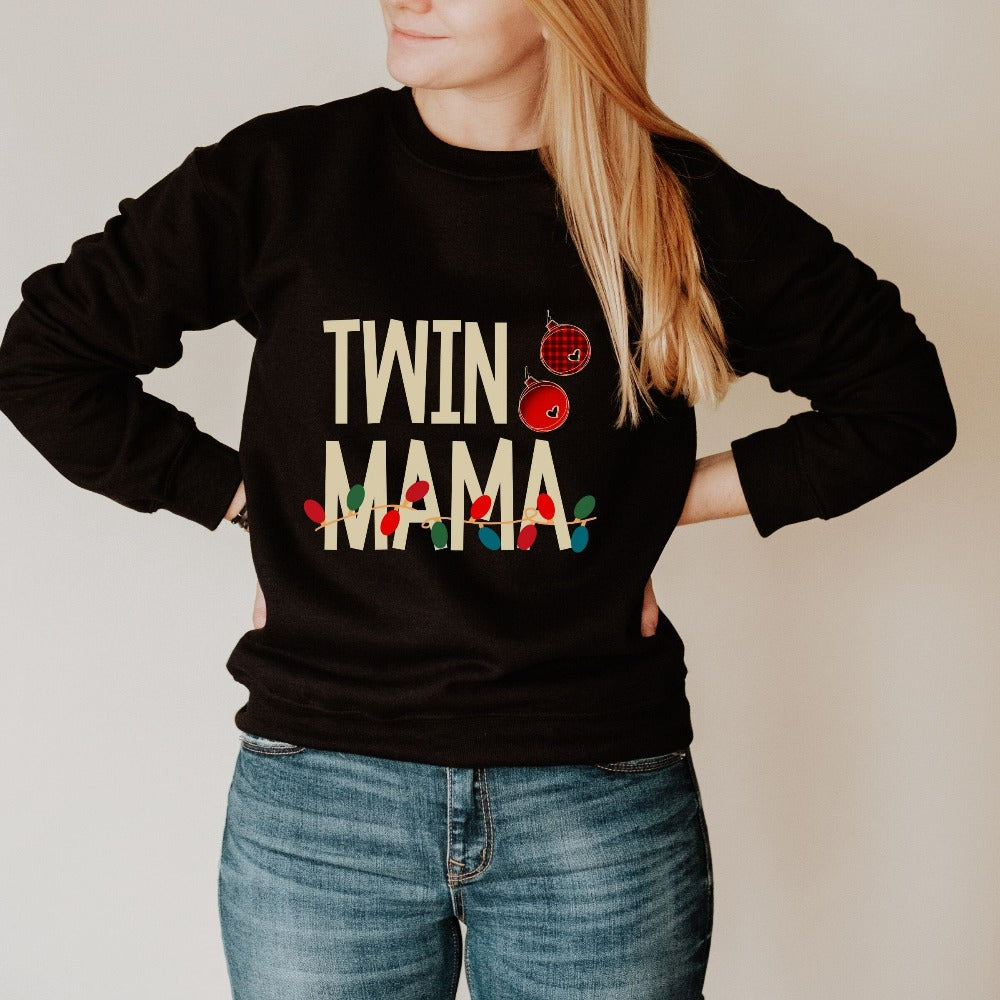 Twin Mom Christmas Sweatshirt, Holiday Pregnancy Announcement Outfit idea, Gift for New Mom of Twins, Cute Holiday Baby Shower Shirt