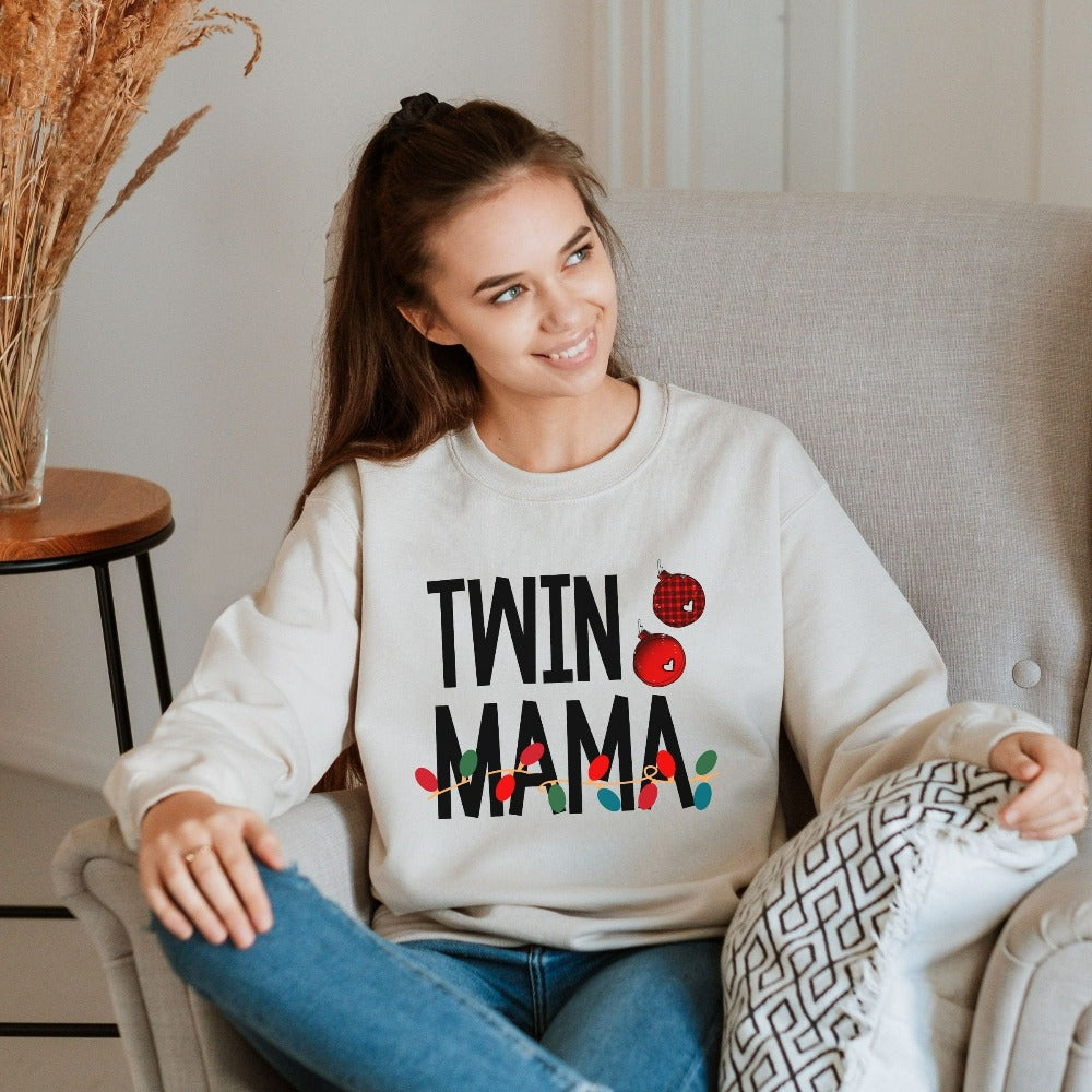 Twin Mom Christmas Sweatshirt, Holiday Pregnancy Announcement Outfit idea, Gift for New Mom of Twins, Cute Holiday Baby Shower Shirt