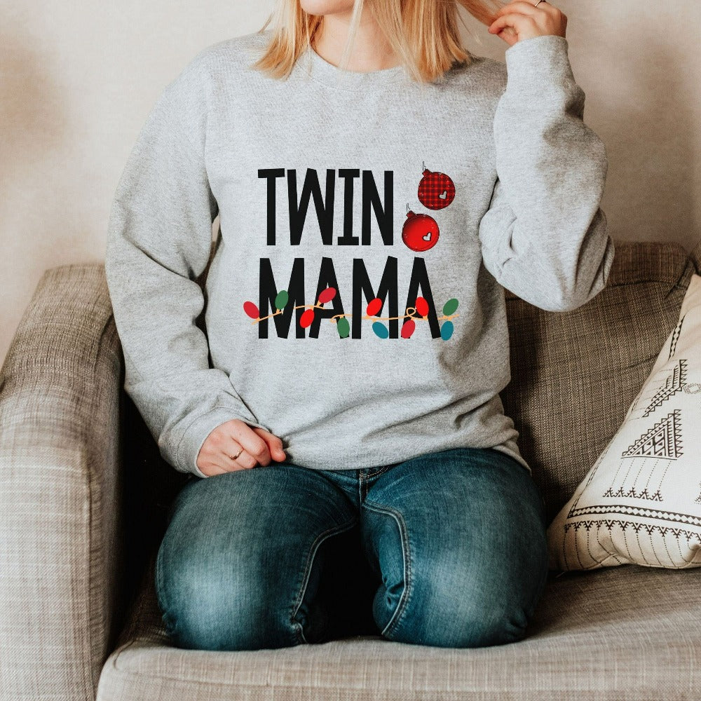 Twin Mom Christmas Sweatshirt, Holiday Pregnancy Announcement Outfit idea, Gift for New Mom of Twins, Cute Holiday Baby Shower Shirt