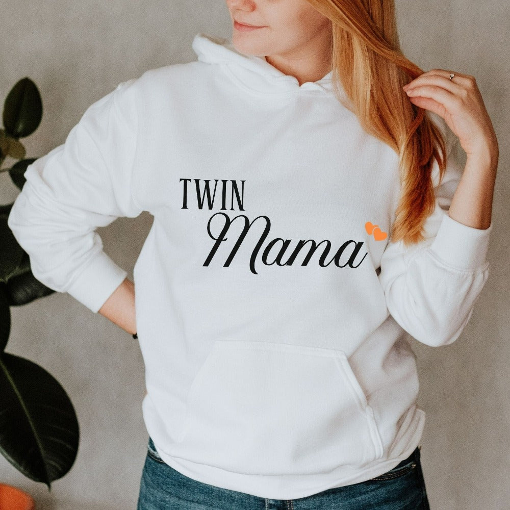 Cute twin mama sweatshirt. Get ready to celebrate double blessings with this perfect going home hospital outfit for the new mom. Great shirt for a family surprise from mom of multiples, expecting mother, baby reveal announcement or baby shower gift idea.