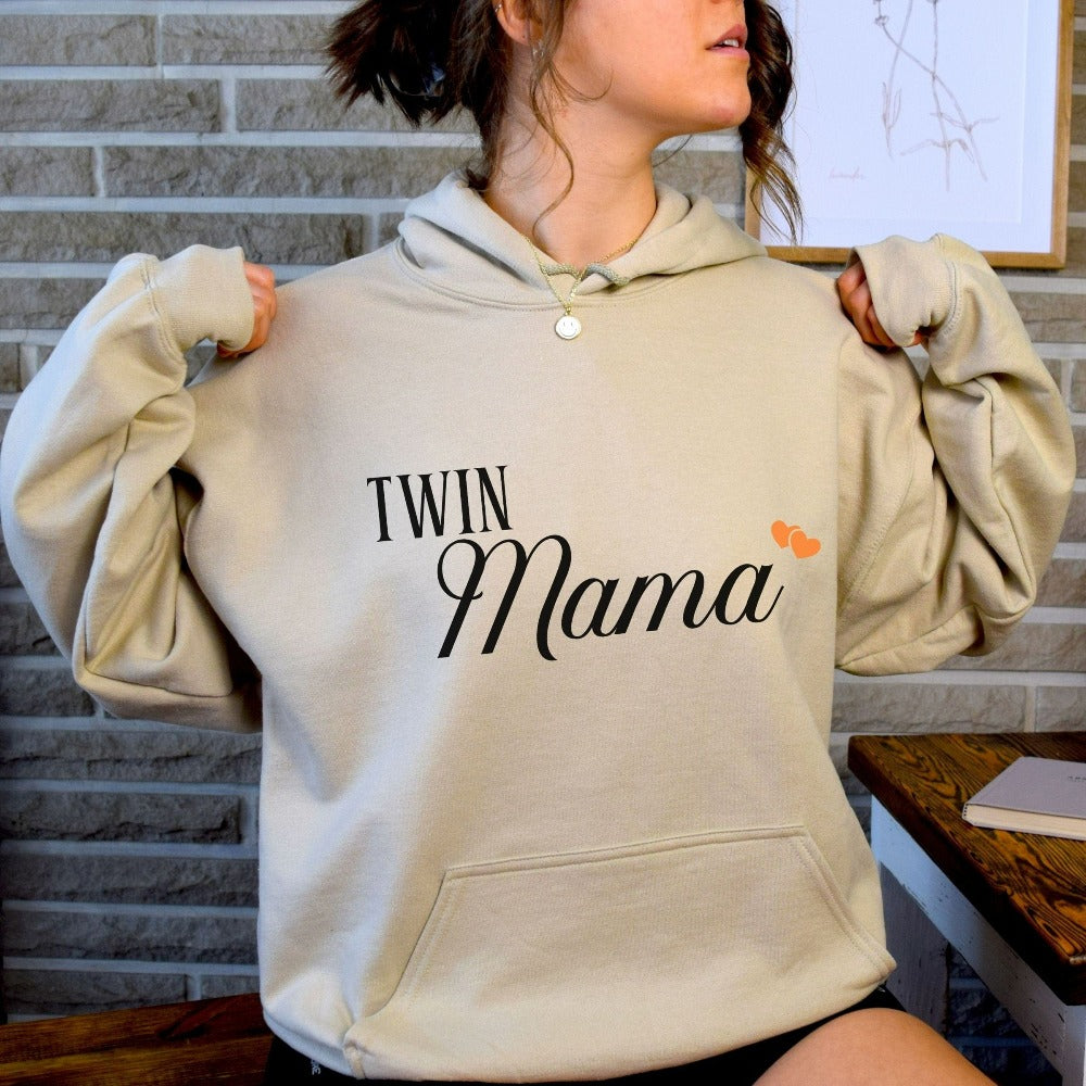 Cute twin mama sweatshirt. Get ready to celebrate double blessings with this perfect going home hospital outfit for the new mom. Great shirt for a family surprise from mom of multiples, expecting mother, baby reveal announcement or baby shower gift idea.
