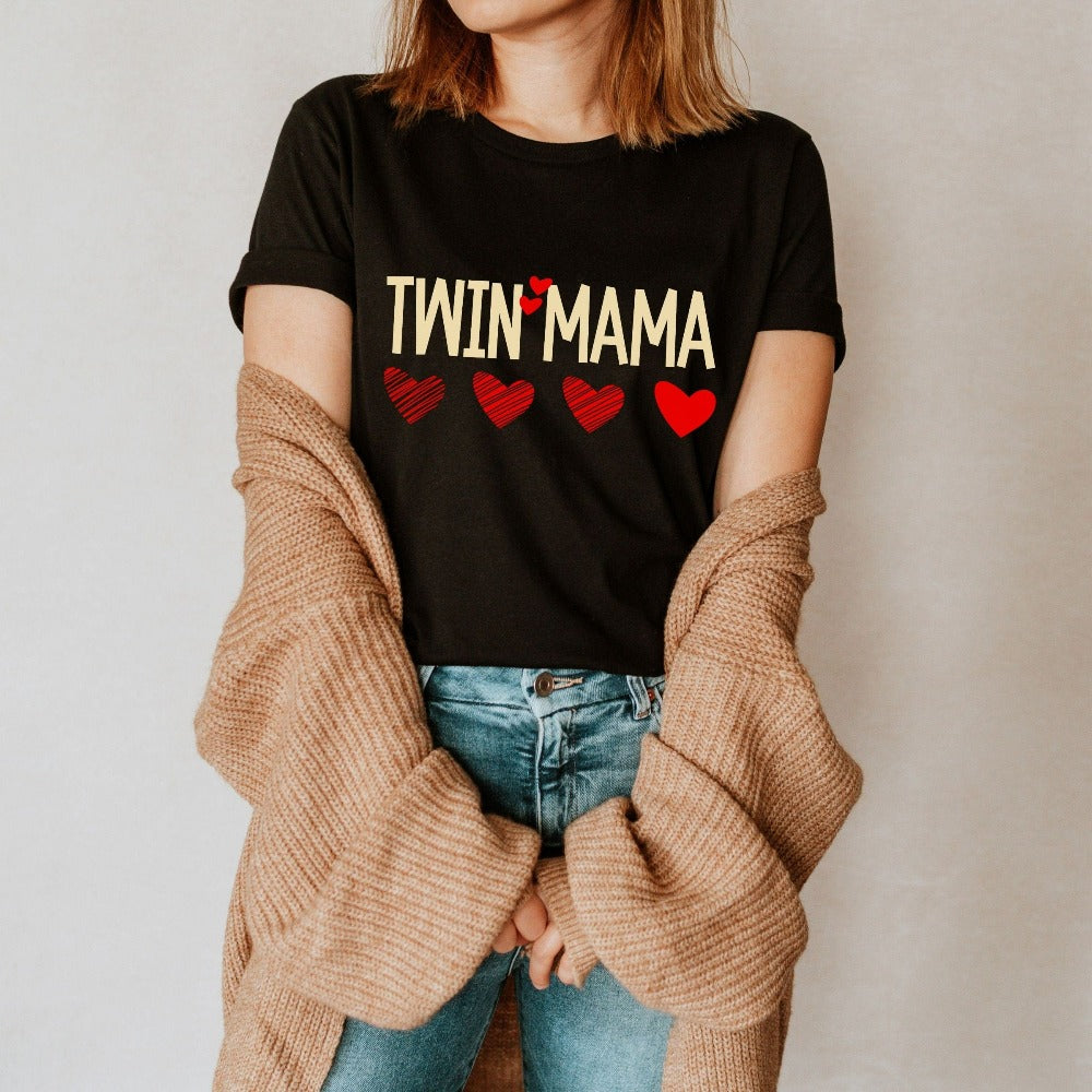 Twin Mom T-Shirt, New Mama of Two Pregnancy Reveal Shirt, Twin Mama Mothers Day Gift, IVF Gender Reveal Shirt, Mama Valentine Tees