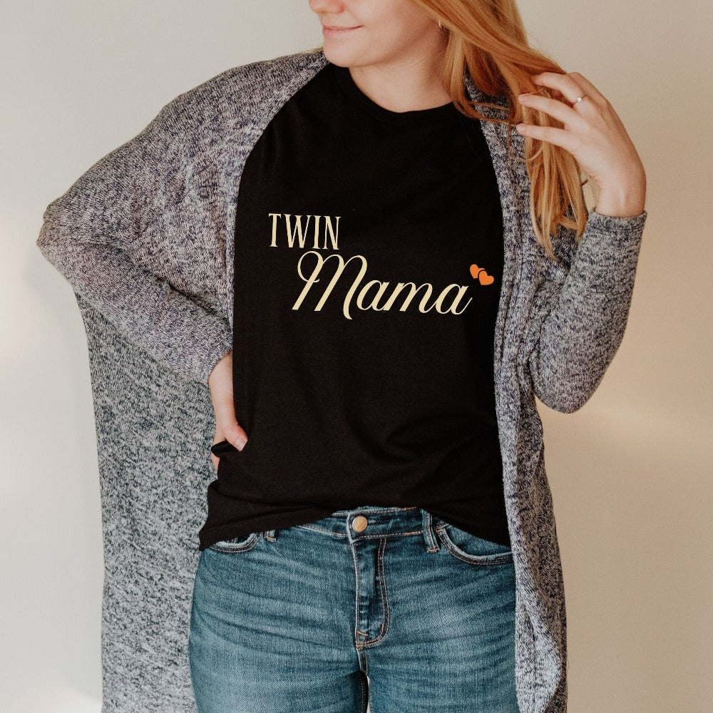 Cute twin mama shirt. Get ready to celebrate double blessings with this perfect going home hospital outfit for the new mom. Great for a family surprise from mom of multiples, expecting mother, baby reveal announcement or baby shower mother gift idea.