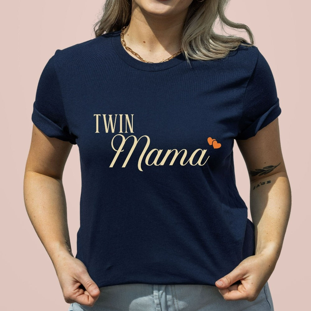 Cute twin mama shirt. Get ready to celebrate double blessings with this perfect going home hospital outfit for the new mom. Great for a family surprise from mom of multiples, expecting mother, baby reveal announcement or baby shower mother gift idea.